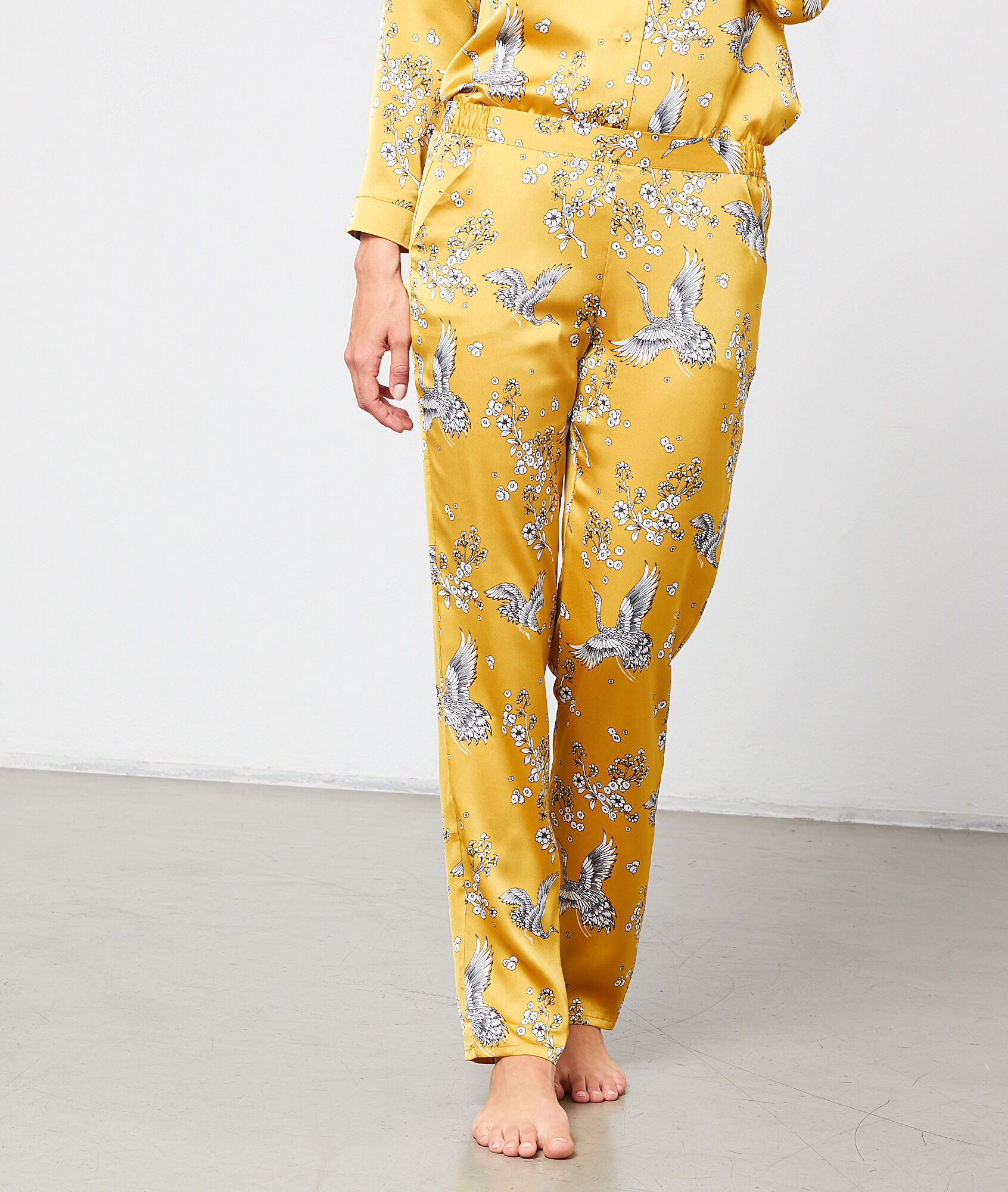 

Pantalon satiné imprimé oiseaux, Anis