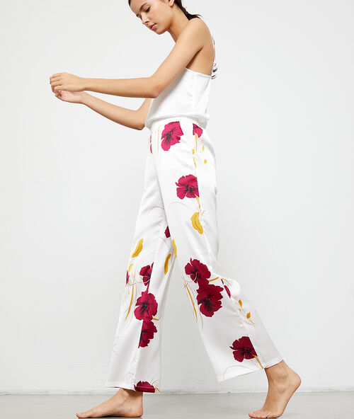 Атласные брюки с цветочным принтом экрю.