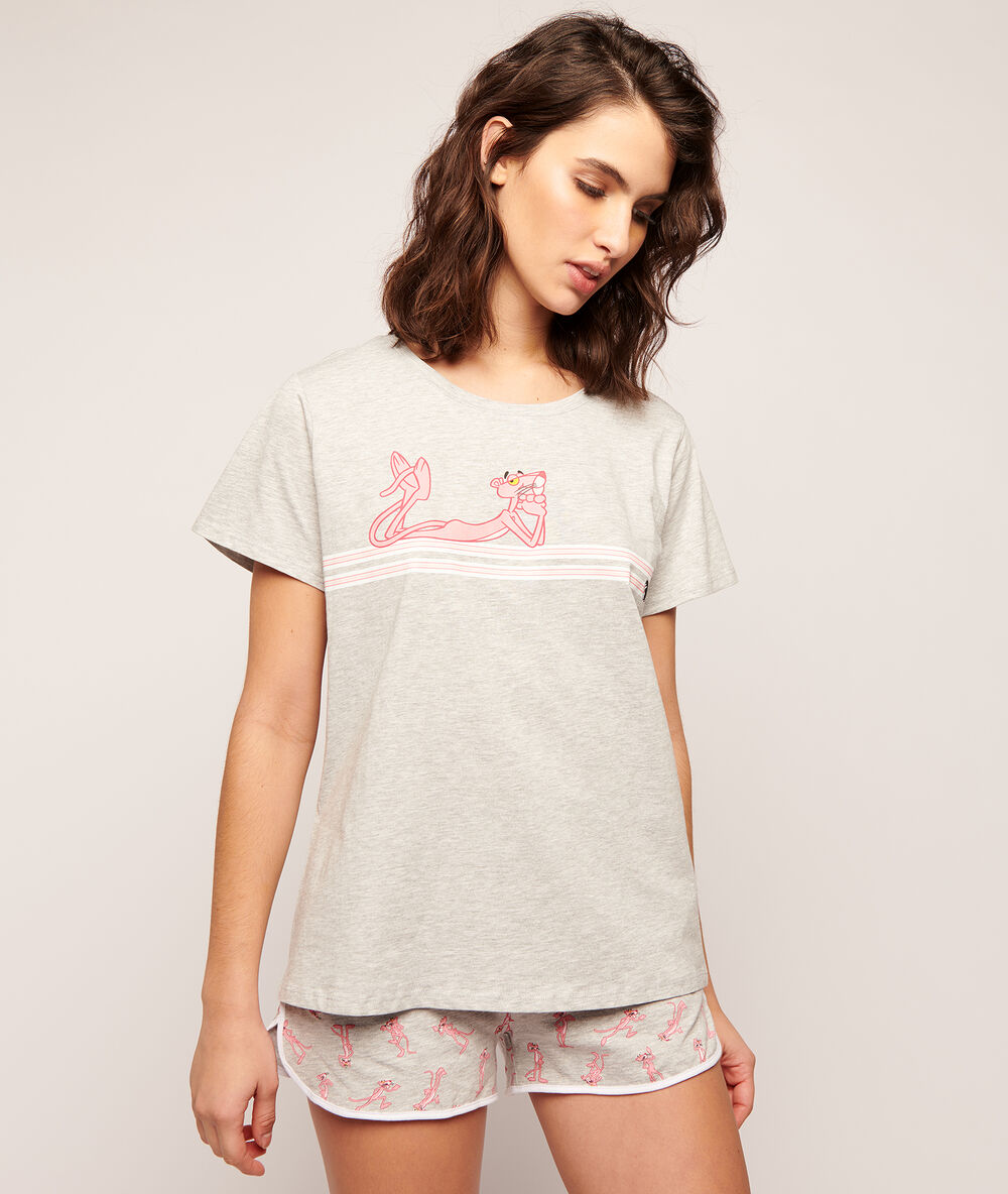 T-shirt panthère rose gris.