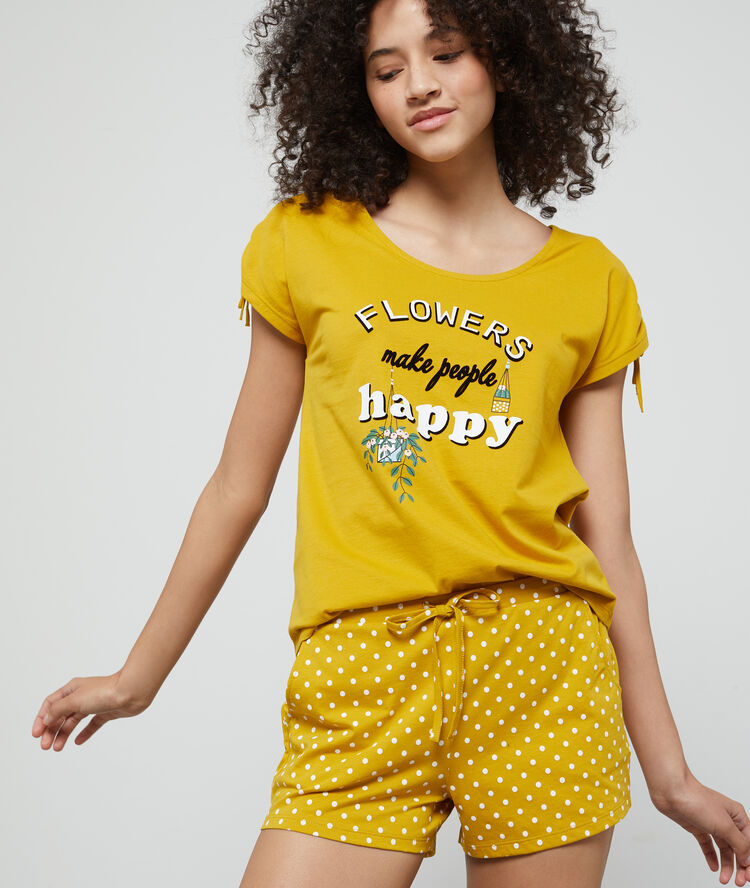 Футболка с надписью 'flowers make people happy' из био-хлопка жёлтый.