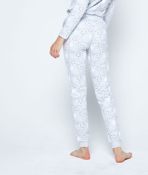 Pantalon imprim&eacute; chats gris.