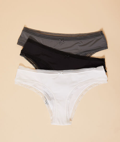 Набор из 3 трусиков-хипстеров с ажурными краями черный/серый/синий.