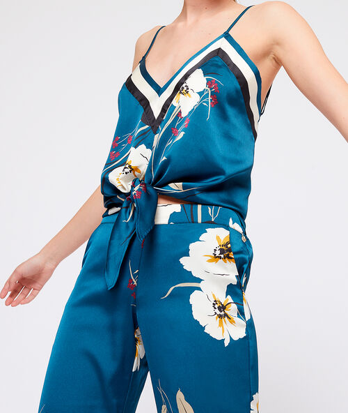 Атласный топ с принтом и завязками синий.